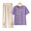 Camiseta de Algodão Soltinha de Manga Curta para Mãe, Camiseta de Verão Novo Estilo para Avó, Conjunto de Tops Bordados para Mulheres de Meia-Idade e Idosas