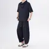 Calças harém leves e largas, perna larga de seda gelada, camiseta de gola alta e manga curta, terno casual estilo chinês para homens, verão