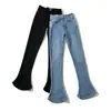 Jeans de Pierna Ancha de Tiro Alto Estilo Coreano Nz112-4 con Resorte Que Hacen que las Piernas Parezcan Más Largas, Jeans Acampanados Bootcut Lavados y de Estilo Vintage