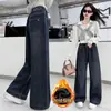 Calça Jeans Plush Wide-Leg Infantil 2026 Outono/Inverno Nova Cintura Alta Solta Comprimento Total para Crianças Médias e Grandes Espessada Quente