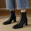 Nuevas botas de mujer de tacón alto para otoño e invierno para comercio transfronterizo, tallas 33 a 40, piel de vaca, tacón grueso, punta cuadrada, cremallera lateral, botas de moda negras