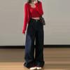 Jeans de Pierna Ancha que Recogen la Barriga Estilo Americano de Cintura Alta Nuevos para Mujer 2025 Pantalones Sueltos Estilo Ins Combinables de Corte Entallado