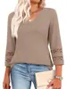 2025 Nuevo Top de Punto para Mujer Moda Europea y Americana Holgado Cuello en V Manga Tres Cuartos Casual Calado Versátil