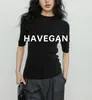 HAVEGAN/ Gola semi-alta, ombro normal, camiseta básica de tricô para mulheres, outono, manga curta, modelagem justa, camisa base elástica