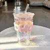 Taza de vaso de vidrio de colores, alto atractivo estético, adecuada para estudiantes mujeres, vaso con popote, estilo transparente y fresco, portátil para beber agua y café