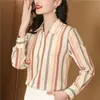 Blusa feminina listrada de manga longa, design de verão, nicho, retrô, seda pesada, camisa de seda de amoreira, feminina, modeladora