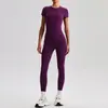 Camiseta Deportiva de Color Sólido de Alta Elasticidad, Manga Corta, Pantalones de Yoga de Cintura Alta, Conjunto de Fitness para Mujer, Transpirable, Suave con la Piel, Sensación de Segunda Piel, Transfronterizo