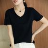 Camiseta de algodón mercerizado 80 para mujer, jersey de cuello redondo en V, 100 % algodón, manga corta, camiseta de media manga de algodón peinado blanco puro