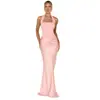 Vestido longo de cauda de peixe, gola quadrada, justo ao corpo, estilo europeu e americano transfronteiriço, com amarração no pescoço, sem mangas, cor sólida, elegante, estilo ins, estiloso e sexy