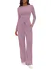 2026 Conjunto casual de dos piezas para mujer, de manga larga, pierna ancha, cuello redondo, corte ajustado, transfronterizo europeo y americano de Amazon, en stock