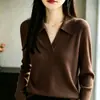 Suéter de punto de manga larga nuevo estilo de primavera, cuello POLO de algodón puro, medio abierto, a rayas, ajustado, moderno, versátil, top adelgazante para mujer