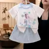 Verano Nuevo Estilo Niñas Dibujos Animados Elsa Princesa de Hielo Estampada Elegante Falda de Manga Corta Conjunto de Moda Conjunto de Dos Piezas