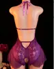 Lencería Sexy Europea y Americana de Encaje Una Pieza con Abertura en la Entrepierna y Atado en el Cuello Pijamas de Tentación Ropa Sexy Transparente Más Vendida en Comercio Exterior