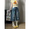 Jeans nuevos de caricatura con bordado casual de cachorro, pantalones cropped petite, pantalones azules de pierna ancha de longitud media para mujer, ropa de verano