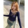 Camiseta Retro Americana de Media Botonadura con Cuello en U y Mangas Largas para Mujer en Otoño e Invierno Nuevo Estilo Elástica de Aspecto Adelgazante Camiseta Superior para Capas