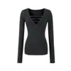 Camisa de Camada Interna Estilo Novo Outono e Inverno 2025 para Mulheres, Camiseta Preta de Manga Longa com Decote V, Top Justo 'Hot Girl' de Desejo Puro