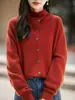 Cardigan de Tricô Gola Alta Bordas Enroladas Lã Pura Manga Longa Cor Sólida Quente Suéter Top Feminino Outono/Inverno 2026