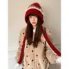 Gorro de Punto Rojo con Pompón Navideño para Mujer, Gorro Grueso de Invierno Cálido que Protege las Orejas, Gorro de Punto para la Cabeza a Prueba de Frío