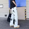Vibras de la Alta Calle Americana Estampado de Palmeras Jeans Blancos Marca de Tendencia para Hombre Guapo Hiphop Rectos Estilizadores Pantalones Bootcut