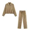 Conjunto casual de dos piezas para mujer: Chamarra con Cuello de Cremallera, Dobladillo Elástico y Pantalones de Pierna Ancha Elásticos de Cintura Alta con Cordón