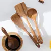 Juego de espátulas de madera mango largo espátula para sartén antiadherente teca remover pala para sartén de cocina ensalada arroz sopa colador utensilios de cocina al por mayor