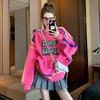 Forrado com fleece Engrossado Linha soprada Solto Gola redonda Moletom Feminino Chique Estilo Hong Kong Estilo Estrangeiro Grafite Comprimento médio Versátil Top