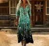 2026 Nuevo Vestido Bohemio de Cuello en V Estampado de Manga Larga Estilo Holgado de Vacaciones Vestido de Playa para Mujer Artículo Popular Transfronterizo