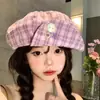 Boina Octogonal Xadrez com Botão Estilo Retrô Japonês para Mulheres Primavera Verão Doce de Alta Qualidade Estilo College Chapéu de Jornaleiro Pintor