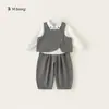 Ropa para Niños Bangxuan Traje para Niños Camisa Blanca Chaleco Gris Pantalones Casuales Conjunto de Tres Piezas para Niños Ropa Formal para Bebé de Un Año