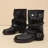 2026 Novas Botas Curtas Ocidentais de Cowboy Pretas Plissadas Vintage com Bico Redondo e Fivela, Botas Largas da Moda