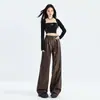 Calça de couro preta wide leg feminina, novo outono/inverno 2026, calça casual reta de couro PU Maillard, calça longa cor de café