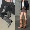 Botas de Equitação Western de Couro de Vaca Macio com Salto Alto de 6cm para Mulheres 2026 Outono/Inverno Estilo Coreano Retrô Botas Longas Preguiçosas Botas de Cano Alto