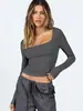 Amazon Blusas Femininas Sexy Tricô Camiseta Canelada Sexy Decote U Camisa Manga Longa Y2K Roupa Íntima Camiseta Justa para Mulheres