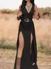 Moda Europeia e Americana Feminina Independente 2026 Vestido Longo Preto de Gola V Sem Mangas com Fenda Vestido Sexy de Cintura Alta