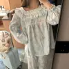 Pijama cuadrado de encaje con ositos dulces y lindos estilo japonés para niñas, conjunto fino de manga larga y pantalón largo para casa para primavera y otoño