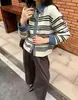 Cárdigan de punto de mezclilla patchwork a rayas estilo japonés y coreano transfronterizo, nueva colección otoño/invierno 2026, chaqueta suéter casual de corte holgado para mujer