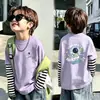 Roupa infantil, camiseta de manga comprida para meninos, estilo moderno e descolado, novo modelo 2026, algodão puro, blusa infantil falsa de duas peças, roupa de menino bonita