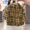 Coreano - estilo de roupas infantis primavera e outono - estilo coreano elegante meninos e meninas de algodão e linho xadrez camisa das crianças camisa suspensórios calças terno