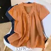 Camisa Retro Francesa con Cuello en V para Mujer Verano 2025 Nueva Camisa Holgada de Manga Corta con Botones