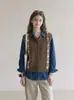 Chaleco tejido de cuello en V con patrón de diamantes estilo vintage francés para mujer, prenda exterior de principios de otoño, cárdigan suéter sin mangas, diseño único 2411