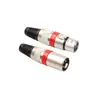 Conector XLR de 3 pines hembra con anillo rojo, tapa metálica niquelada, cola de goma negra