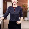 Estilo Novo de Outono Cobertura da Barriga Emagrecedor Manga Longa Botão na Frente Camisa Base Feminina Estampa Retro Solta Tamanho Plus Elegante Top para Mãe