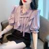 Camisa de gasa con mangas abullonadas y volantes para mujer, diseño de verano, temperamento francés, pequeña, 2024