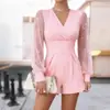 2026 Europeo y Americano Transfronterizo Amazon Más Vendido Cuello en V Entallado a la Cintura Manga Larga Sexy Malla Patchwork Pierna Recta Mono Corto