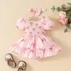 Vestido de Verano 2025 para Recién Nacido, Manga Corta tipo Linterna, Falda con Estampado de Fresas y Moño, Se Puede Abrir