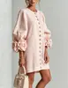 Vestido Novo Estilo Francês 2026 com Mangas Bufantes Florais Tridimensionais para Mulheres, Caimento Solto, Gola Redonda, Vestido Curto de Cor Sólida, Estilo de Moda Transfronteiriço