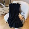 Estilo Popular de Alta Calidad de las Trece Líneas de Guangzhou ~ Vestido Chaleco Simple de Cuello Redondo Otoño Recto Adelgazante Tejido de Punto Caído Vestido Largo para Mujer
