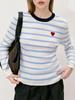 Suéter Tricô Gola Redonda Listrado Cor Contrastante Casual Estilo Francês Amor Nova Camiseta Manga Longa Verão 2024 Outono