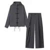 El más vendido de AliExpress moda casual retro transfronteriza europea y americana para mujer, conjunto de top con cremallera y cuello alto con botones de hueso de dragón y pantalón largo
