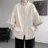 Nuevo Estilo Nacional Chino Botón de Rana Traje Tang Camisa de Manga Media para Hombre Camiseta Cardigan de Manga Corta Delgada Suelta de Verano para Jóvenes